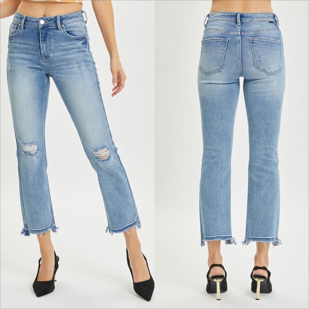 Risen Jeans High Rise Distressed Cropped Straight Jeans Size 3XL Raw Frayed Hem